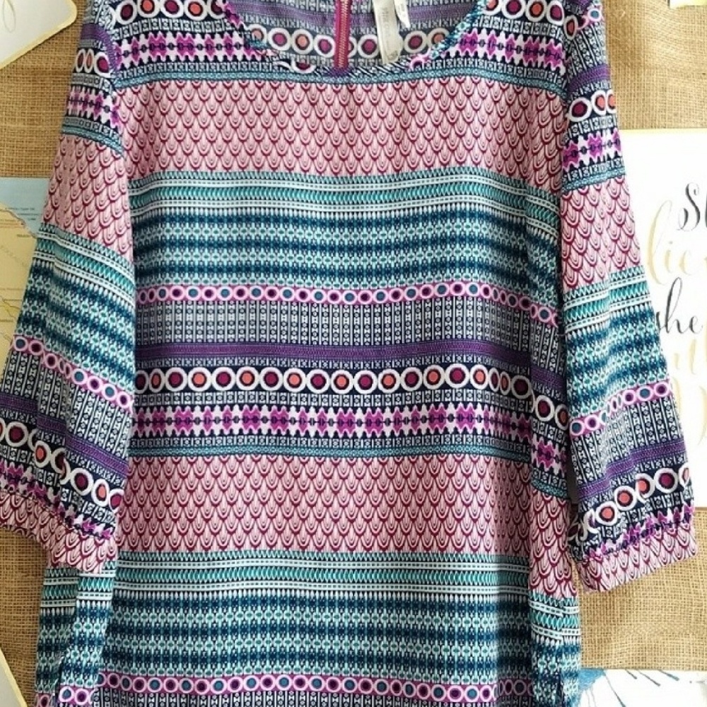 Pink Owl Geometric Print 3/4 Sleeve Blouse
